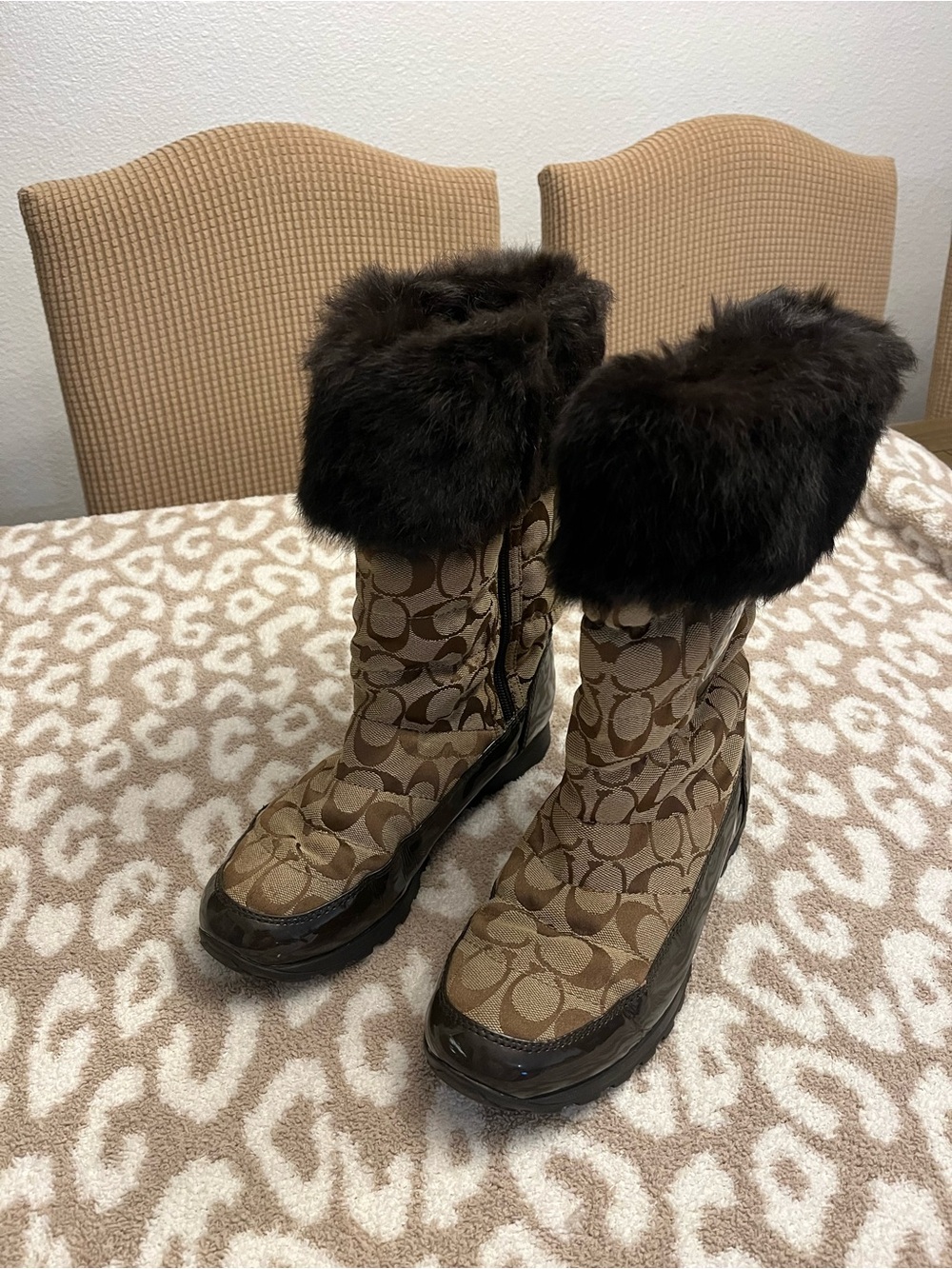 Coach Brown Signature Jacquard Fur-Trim Winter Boots - Picture 3 of 8